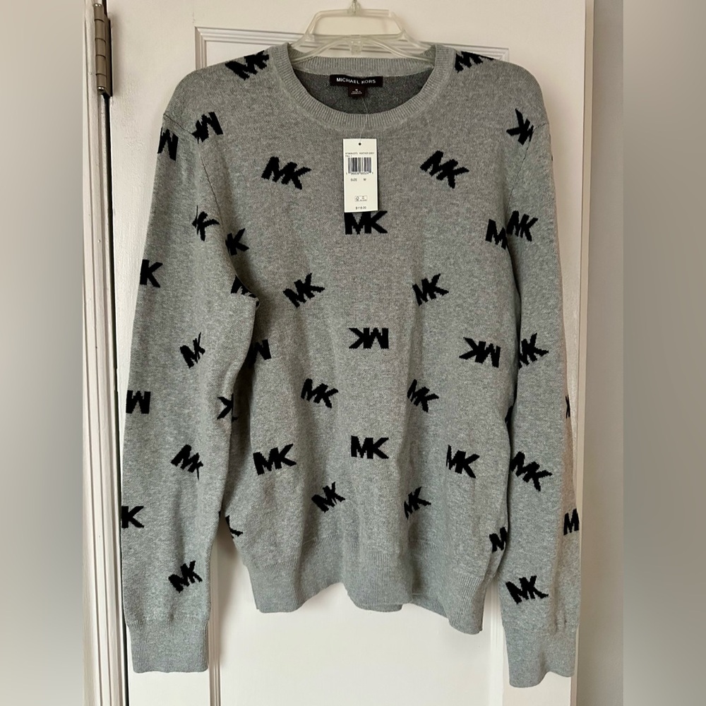 Michael Kors Mens MK Logo Pullover Crewneck Sweater Gray - Size M- $118 (NWT)